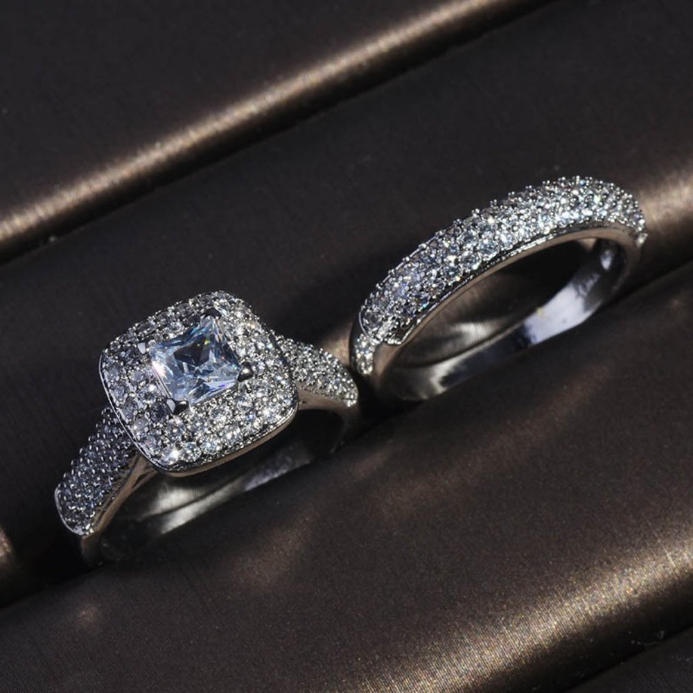 *NEW 925 Sterling Silver Princess Halo Ring Set - Picture 8 of 10